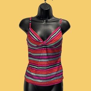 ATHLETA WOMEN SWIMWEAR TANKINI BOHO STIPES PINK RED GREEN SIZE S
